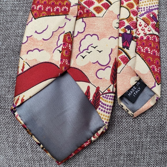 Vintage Ted Lapidus Andes Mountain Peru Chullo Landscape Silk Tie Wine Plum - Picture 9 of 13